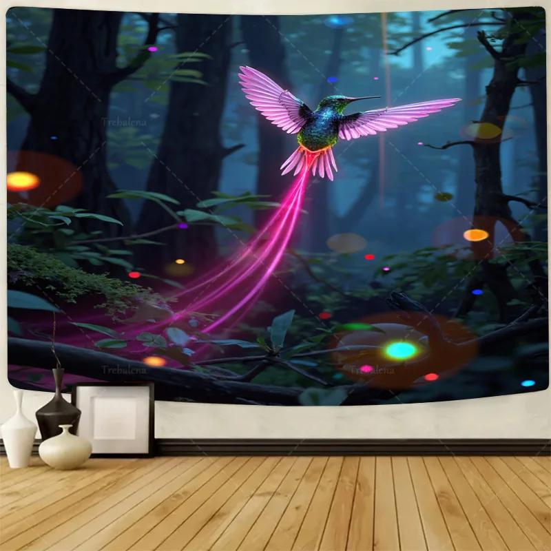 1pc Wall Tapestry Enchanted Forest Hummingbird Tapestry with Glowing Trails and Bokeh Lights
