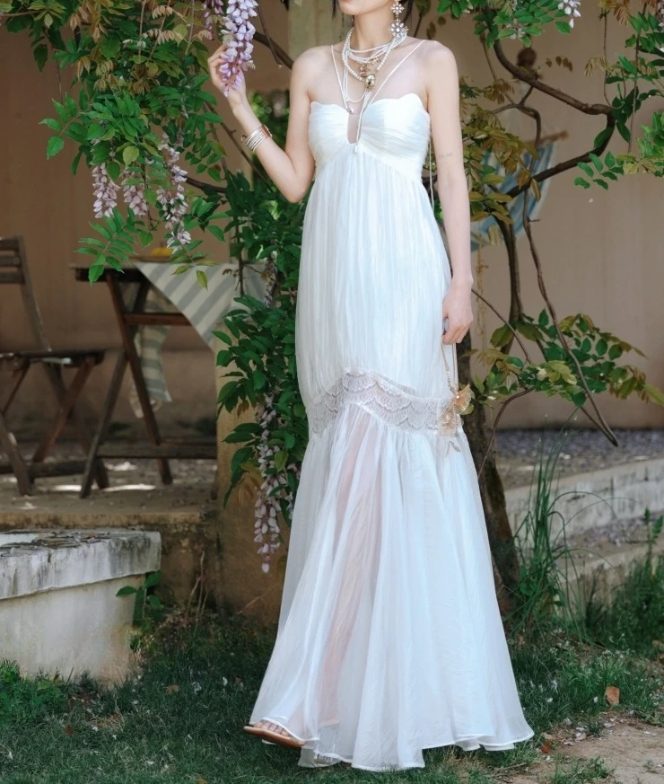 화이트 엘레강트 드레스 여성 백리스 슬리브리스 스트랩 스파게티 맥시 베스티도스 바디콘 스트리트웨어 빈티지 파티 의류 여성용