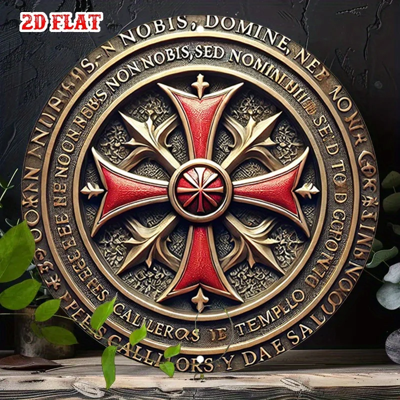 [2D Flat] 1pc Knights Templar Round Aluminum Sign - Rustic Metal Wall Art with Red Cross Frame, Latin Inscription, Ideal for Hom