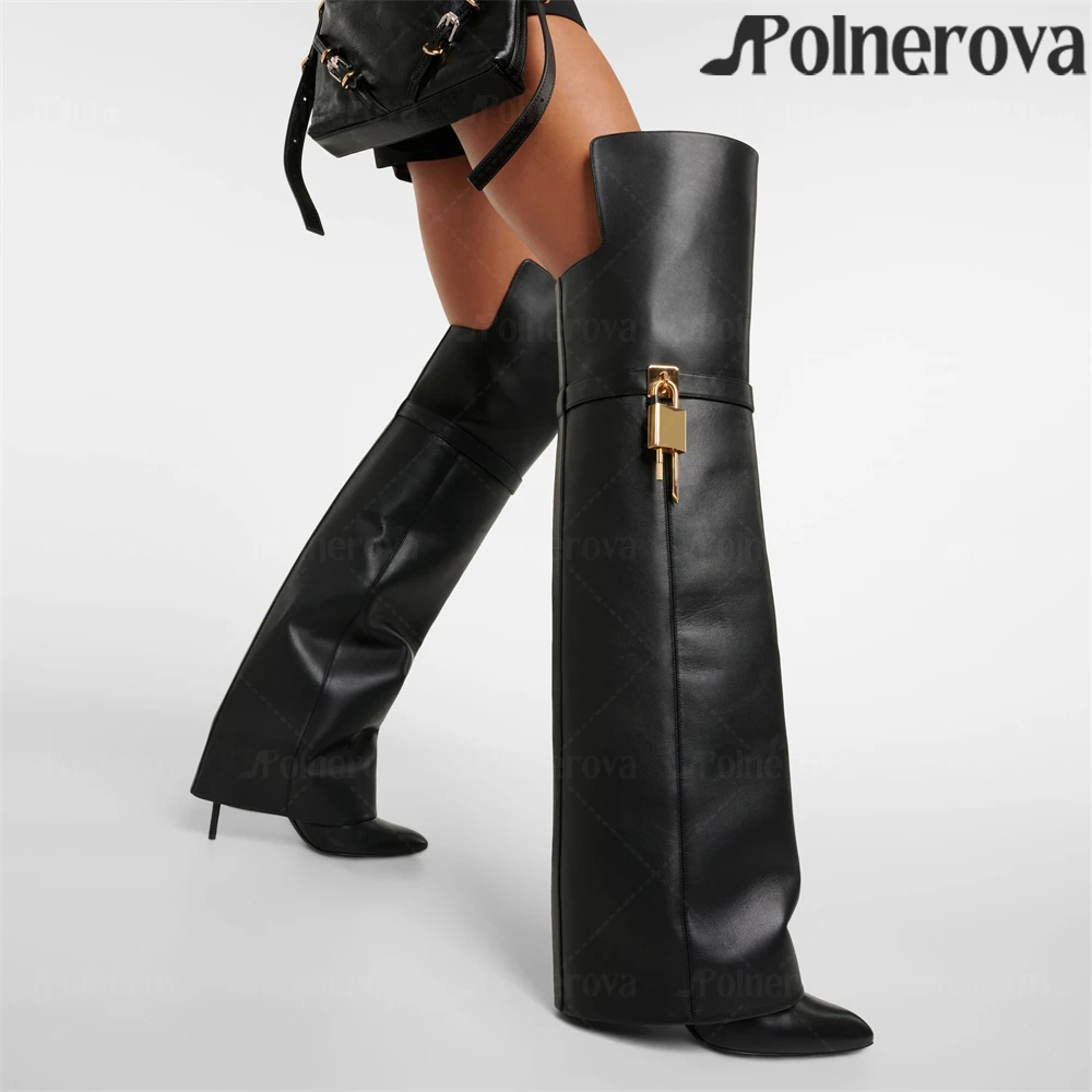 

Metallic Lock Over-the-Knee Boots Leather Denim Suede Customized Designer Boots Pointed Toe Stiletto Fashion Style Women's Boots