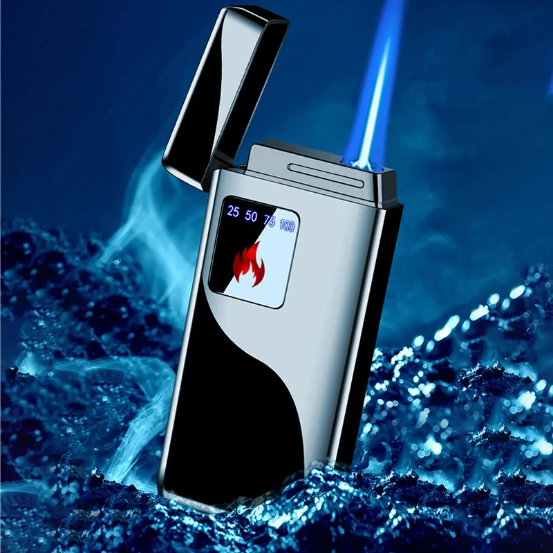 Metal Electric Blue Flame Ice Plating Digital Display Power Touch Sensor Outdoor Windproof Jet Cigar Torch Lighter Without Gas