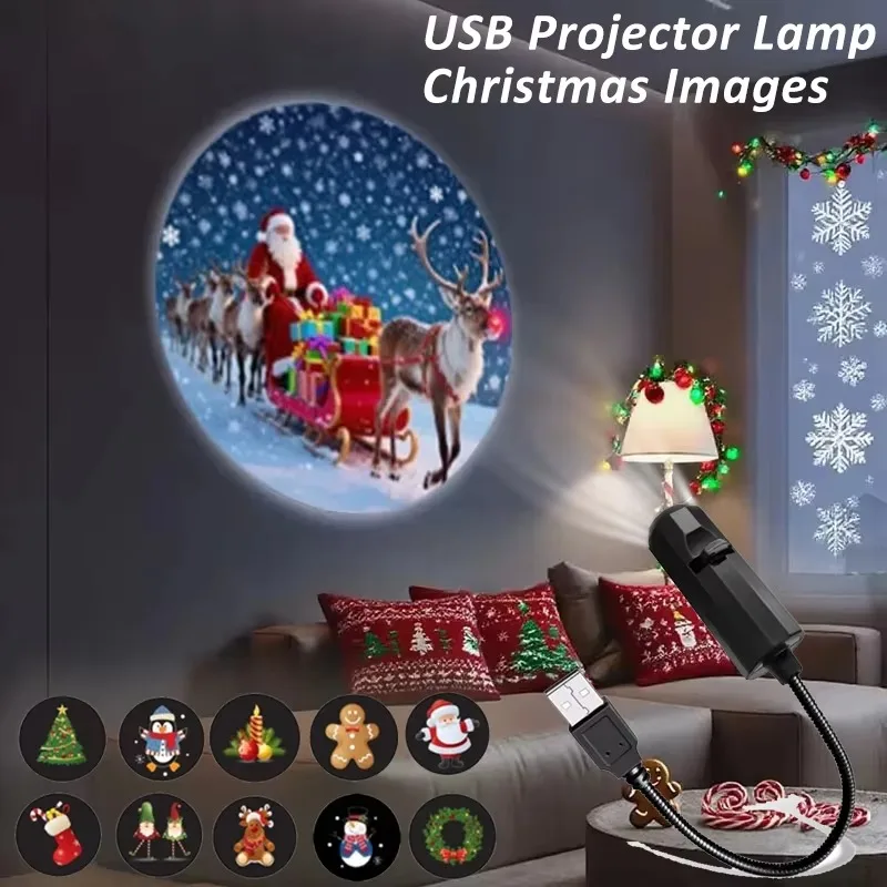 USB 5V Christmas LED Projector Lamp Holiday Pattern Night Light for Living Dining Room Wall for Home Party Winter Decoration