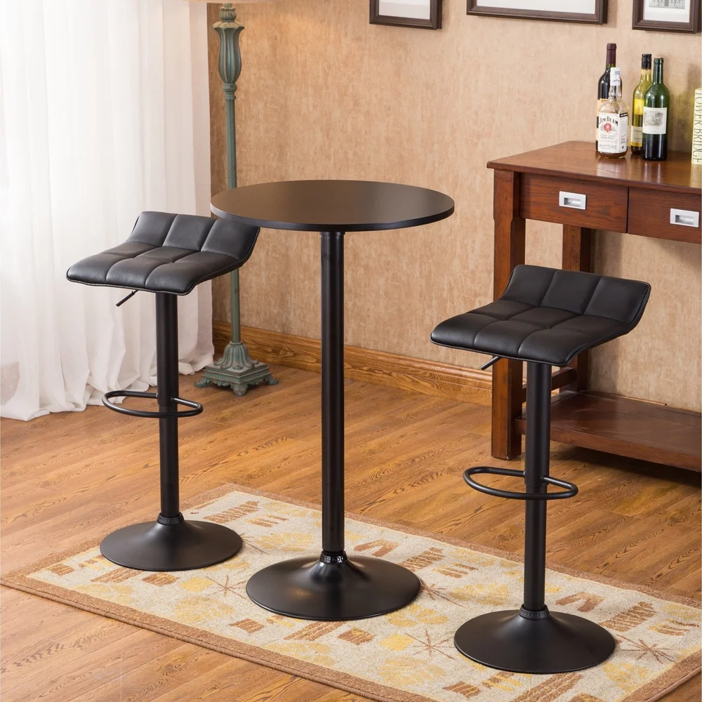 Bar Table Set with 2 Adjustable Swivel Stools Black Round Metal Dining Furniture Kitchen Home Pub