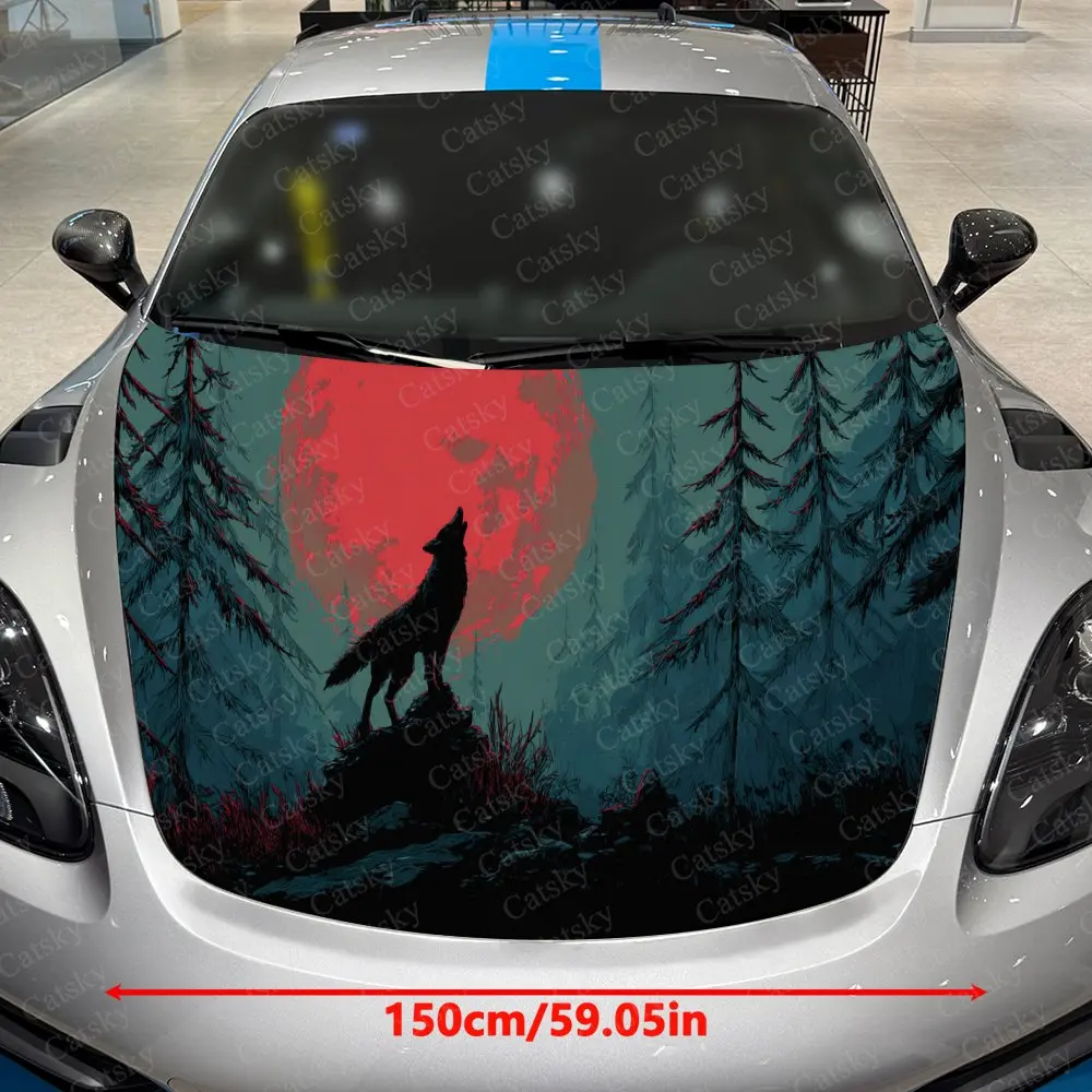 Forest Island Wolf Howl Car Vinyl Wrap, PVC Waterproof Car Hood Sticker, Self-Adhesive Scratch-Resistant Stickers