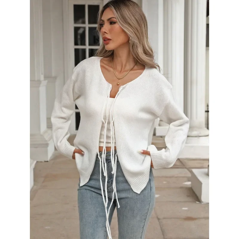 

Tie Straps Outside Casual Sweater Cardigan Knitted Sweater Jacket Women's Round Neck Bow