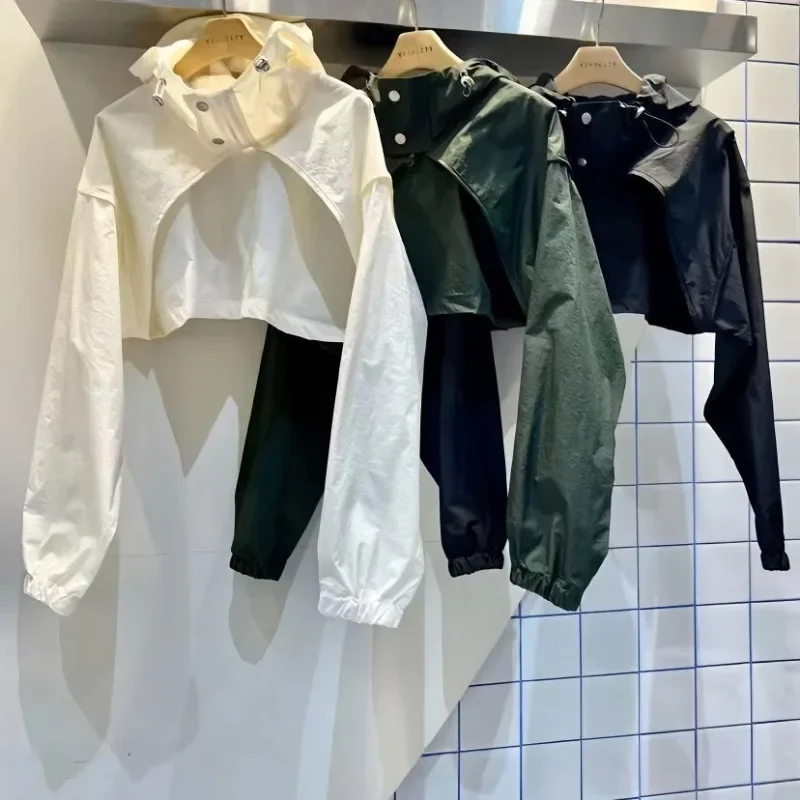 

Женское однотонное тонкое короткое стильное пальто с воротником-стойкой и капюшоном, длинными рукавами, защита от солнца, новое нейтральное пальто из полиэфирного волокна для поездок на работу