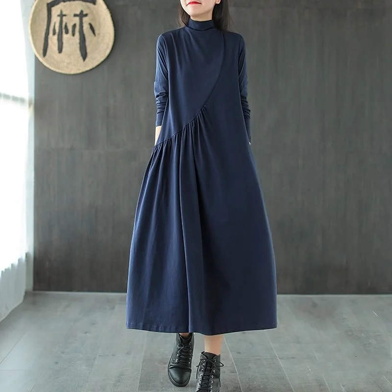 Casual Loose Solid Color Spring Autumn Long Sleeve Cotton Ethnic Vintage Retro Long Maxi Dresses Female India Pakistan Clothing