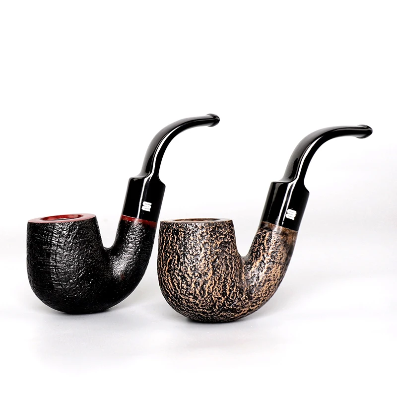 RU-MUXIANG Wood Sandblast Pipe with Bent Stem, Tobacco Pipes, Smoking Accessory, Gift for Men, Free Tools, 9mm Filters