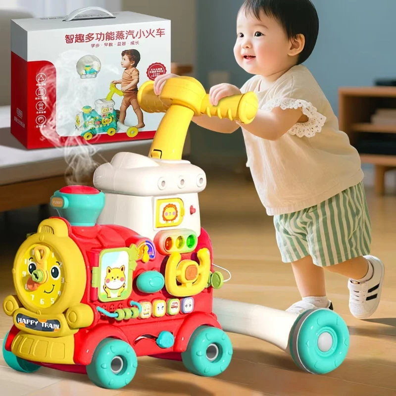 幼児用プッシュウォーカー、蒸気機関車のおもちゃ付き、多機能ベビー学習車、早期教育とエンターテイメント、安定した三角形