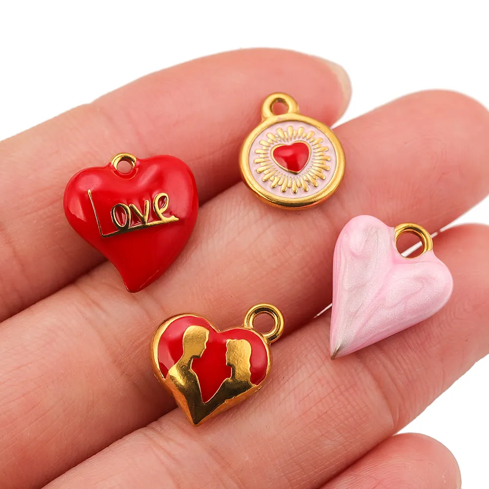 5pcs Stainless Steel Red Enamel Round Heart Design Charm for DIY Necklaces Earrings Gold Charms Craft Jewelry Materials Findings - view 5