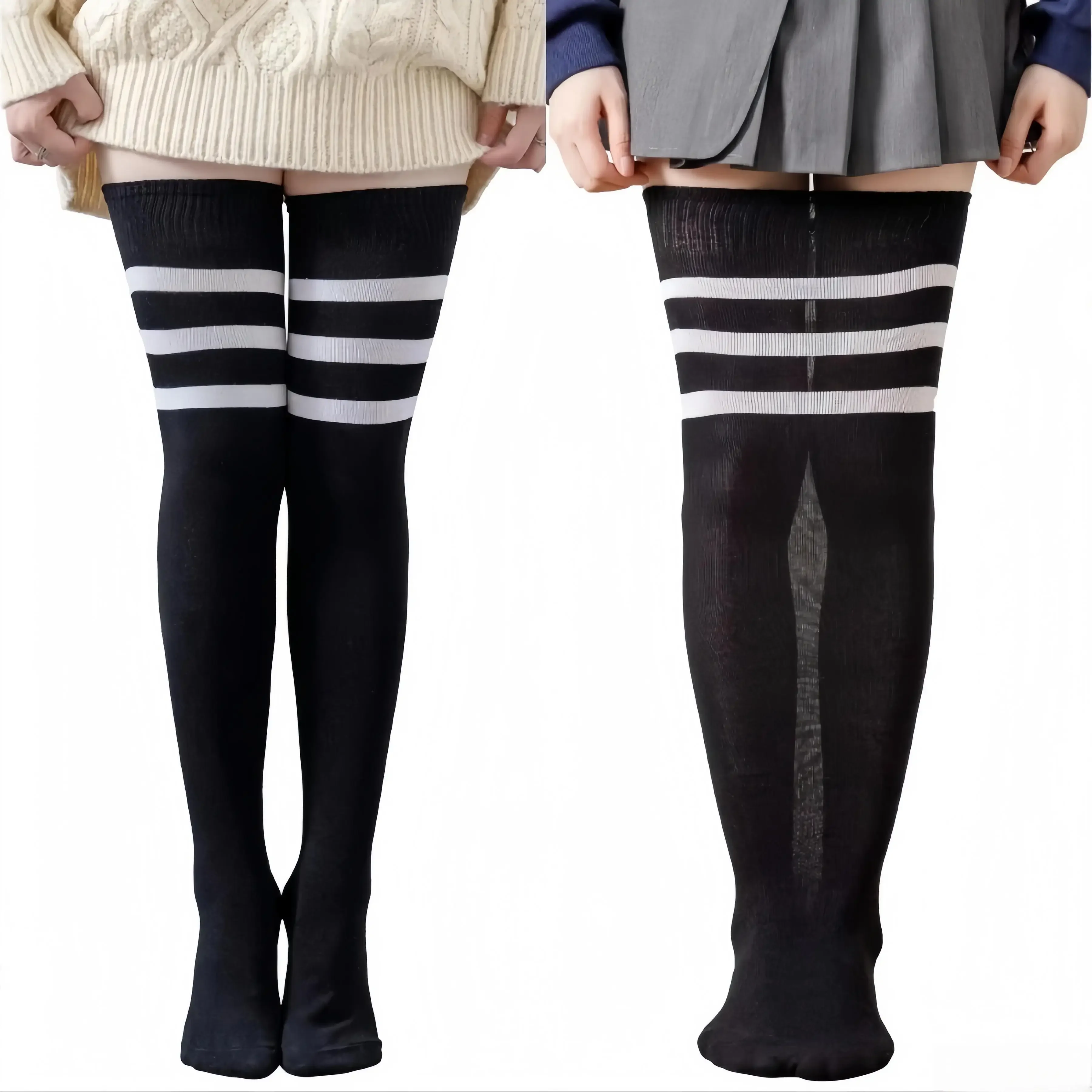 

Plus Size Women Striped Stockings Cotton Thigh High Socks Over-Knee Long Lolita Black White Sexy Hosiery Thighs Sock