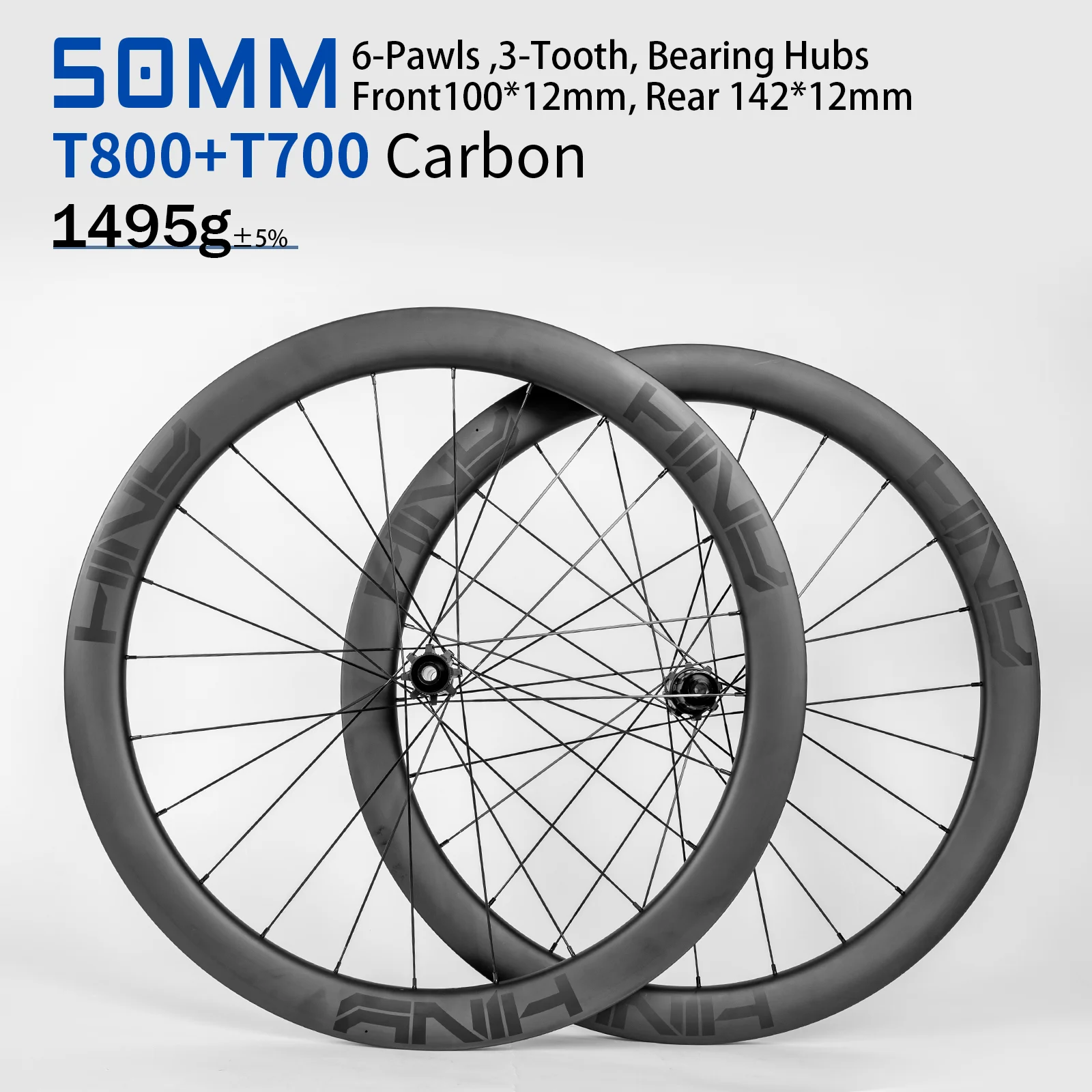 مجموعة عجلات كربون خفيفة للغاية 700C، حافة 50 مم، جاهزة بدون أنابيب، 3 أسنان، محاور مخلب 6 سقاطة، قرص قفل مركزي، دراجة من خلال المحور/الطريق #6