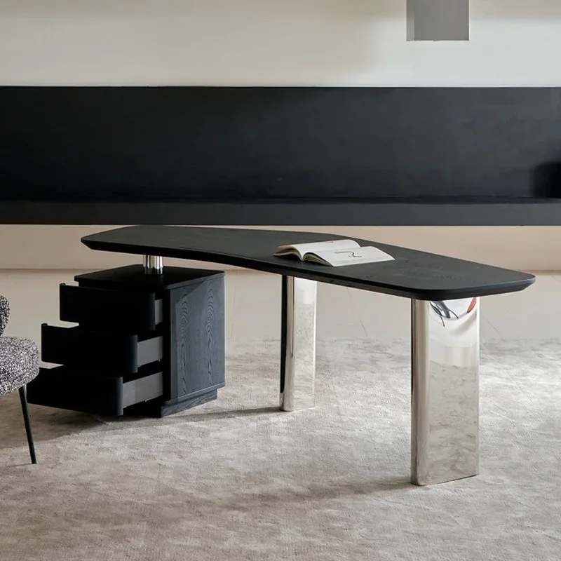 Italian minimalist desk, light luxury special-shaped solid wood desk, curved