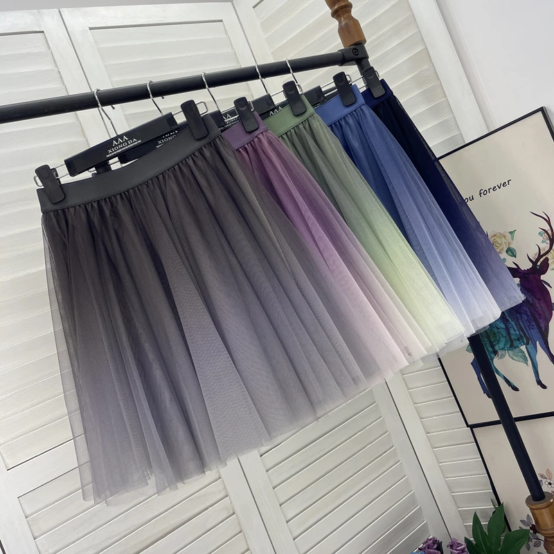 Graduated Color Mesh Short Skirt Women\'s High Waist A-Line Maxi Skirt Versatile Fluffy Base Half-length Skirt Summer Korean S...