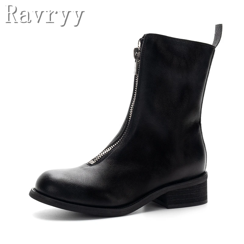 New Front Zippers Boots for Women Round Toe Thick Heels Leather Ankle Boots Solid Color Female Luxury Brand Footwear