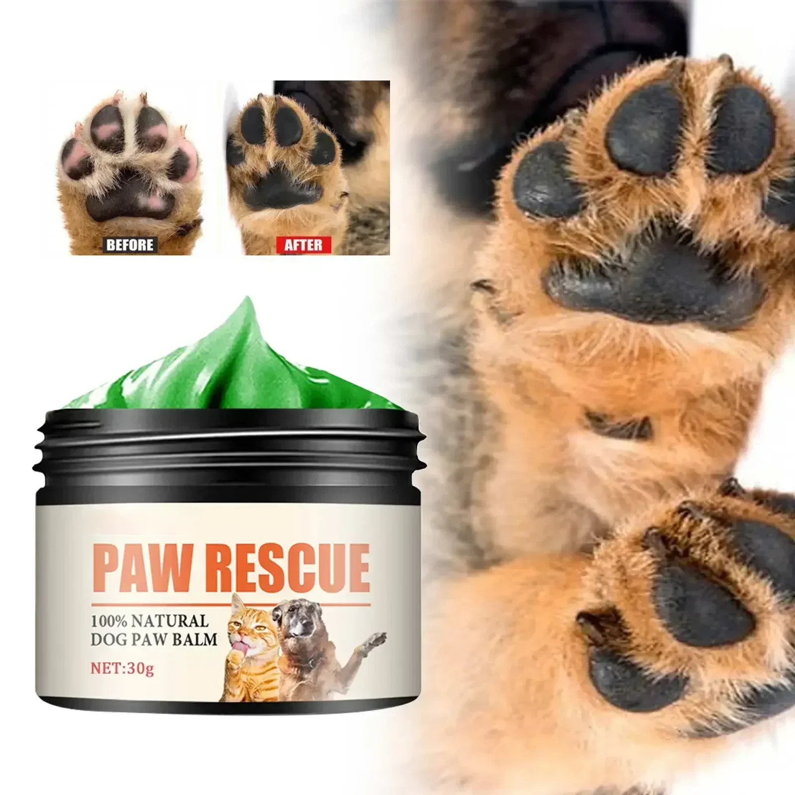 Crema para patas de perro y gato, limpiador de patas de gatito, protección de limpieza de pies, hidratante, suministros para mascotas, bálsamo para el cuidado de la salud en seco, 30g