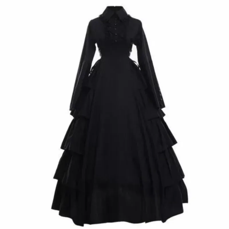 Vintage Victorian Gothic Black Ball Gown Flounces Party Cosplay Costume Dress