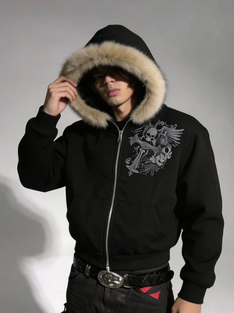 Autumn and Winter Harajuku Artificial Fur Collar Hoodie Y2K Aesthetic Pattern Hip Hop Punk Gothic Zipper Men's and Women's Coat