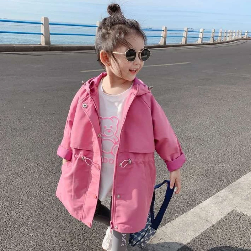 Spring Autumn Girls Jacket Long Style Solid Color Adjustable Waist Design Hooded Windbreak Coat For 3-10 Years Kids Outerwear
