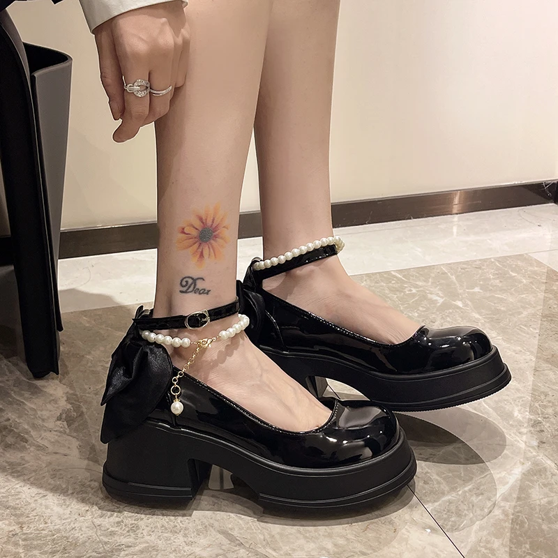 Women Thick Platform Mary Janes Lolita Shoes Party Pumps Summer  High Heels Sandals Bow Chain Mujer Shoes Oxford Zapatos