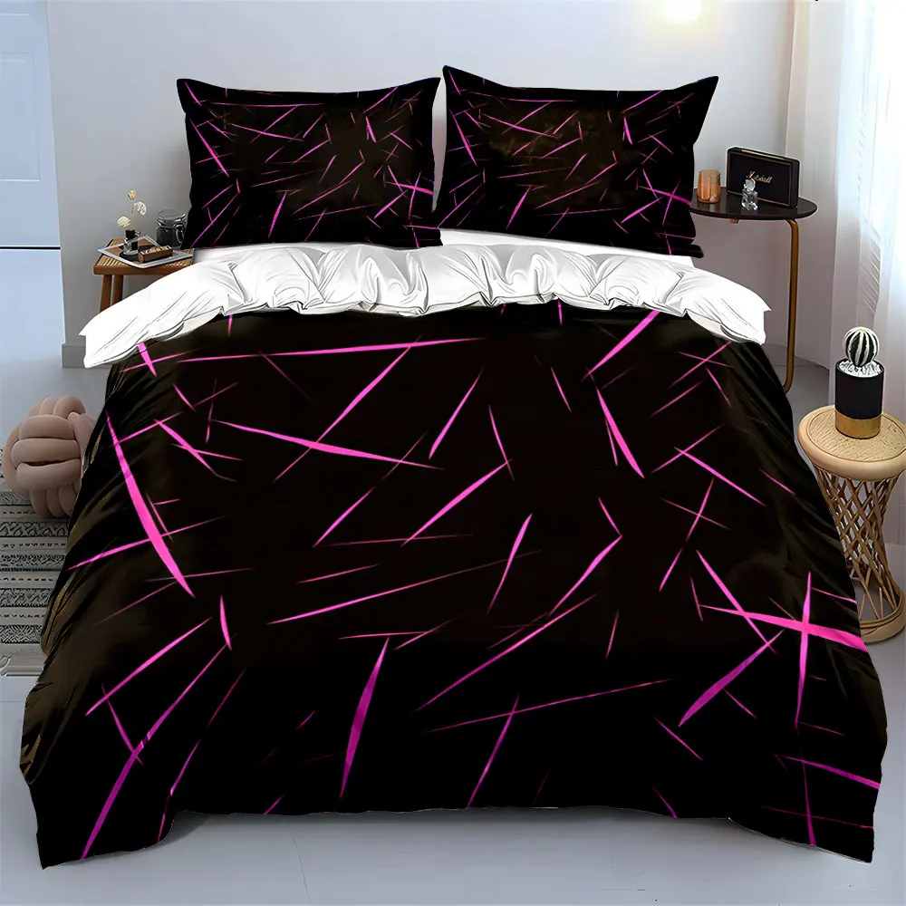 

3Pcs Hot Pink Thin Spike Line Bedding Set, Black Base Random Slant Streak Print Duvet Cover 2 Pillowcases Single Double, Gift
