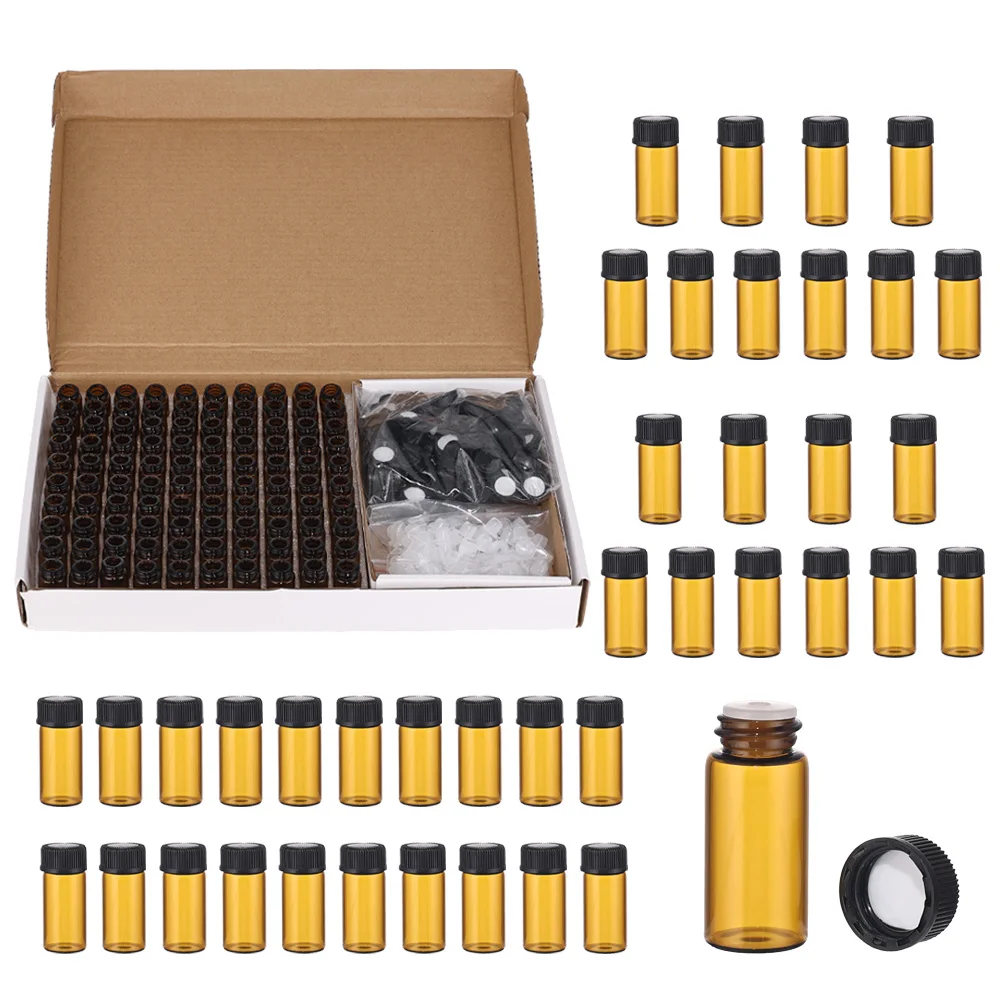 100 bottiglie vuote di olio essenziale in vetro ambrato da 3 ml con ermetico ricaricabile a tenuta stagna per viaggi fai da te, profumi, sorelli, cura della pelle