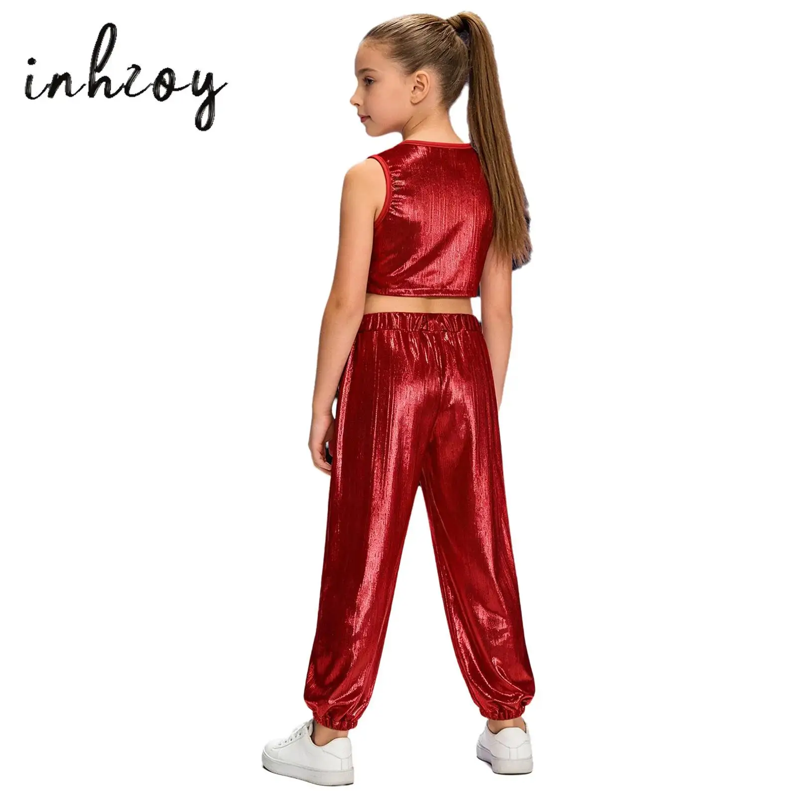 Kids Girls Hip-Hop Jazz Dance Costume Cheer Modern Dance Outfits Sleeveless Ribbed Crop Top with Metallic Pants Dancewear Set