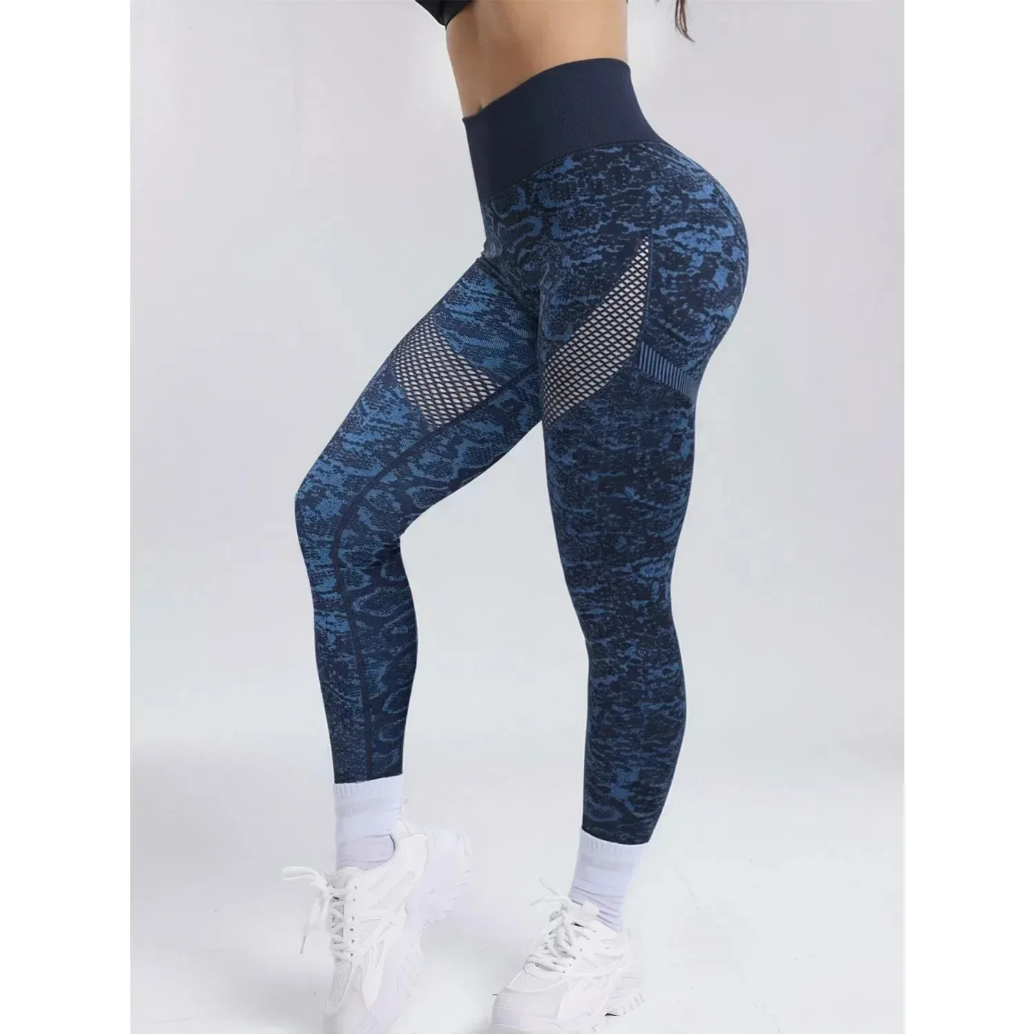 Women's Seamless Snake Patterned Mesh Yoga Pants High Waist Hip Lifting Fashionable Sexy Sports Pants Exercise Fitness Leggings