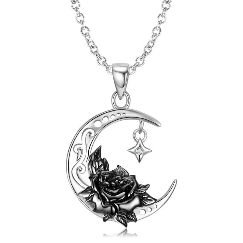 

Black water lily and crescent moon necklace S925 pure silver pendant collarbone chain gift for girlfriend