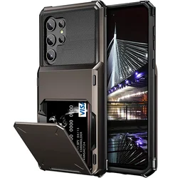 For Samsung S25 Edge S24 S23 S22 Ultra S21 Wallet Case Flip Cover Card Holder Pocket Dual Layer Protective Full-Body Hard Bumper