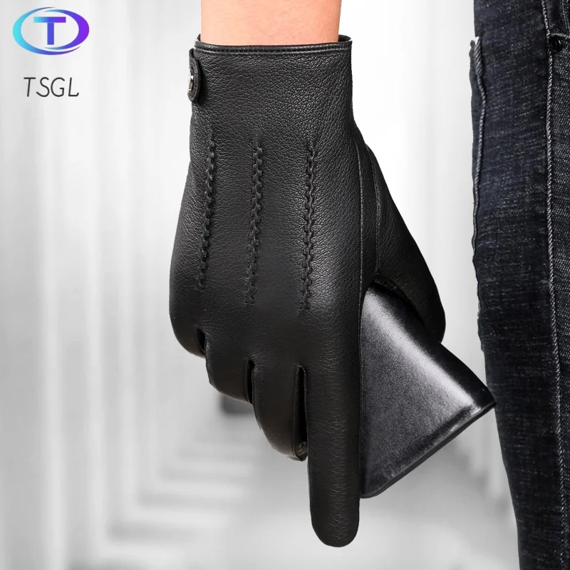

Driving Gloves Mittens Men's Fashion Genuine Leather Gloves перчатки кожаные Winter Warm Sheepskin Full Finger Touch Screen