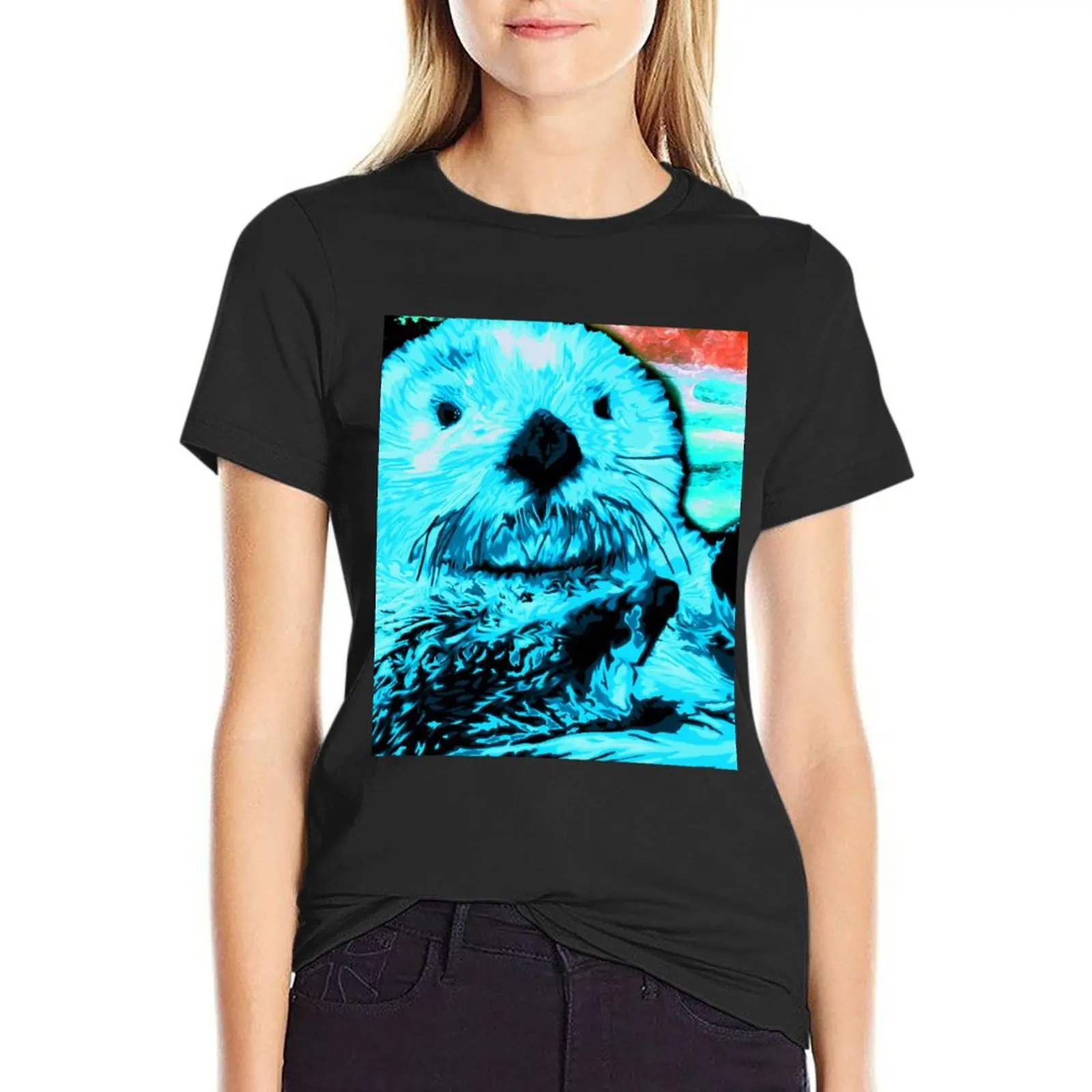 Bright Aqua Blue painted Sea Otter art T-Shirt anime clothes lady clothes western t-shirt dress for Women