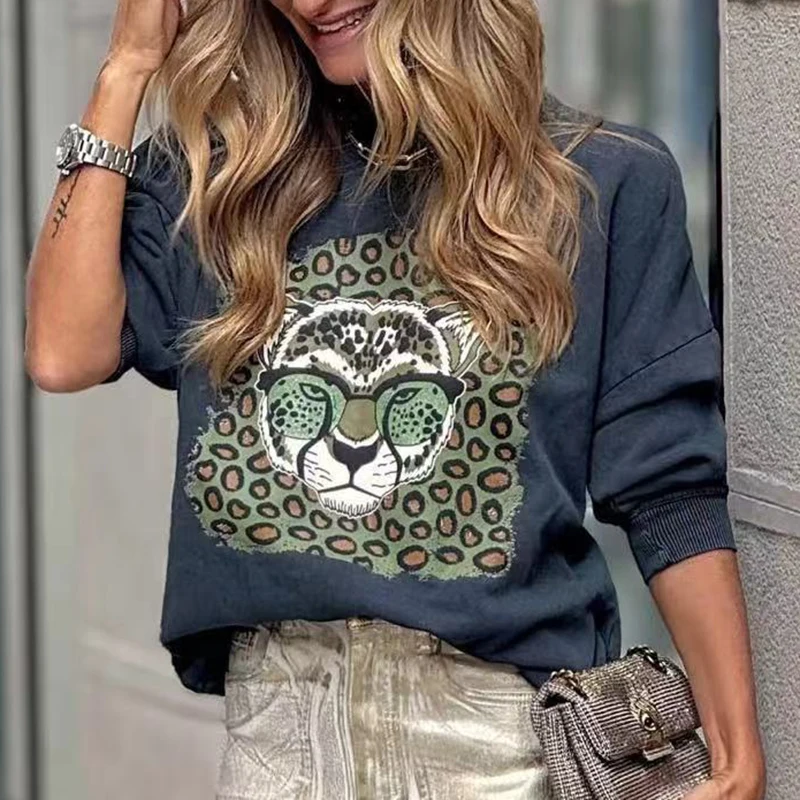 Women Leopard Print Sweatshirts 2024 Fashion Vintage O-neck Casual Long Sleeve Harajuku Pullover Loose Temperament New Pullover