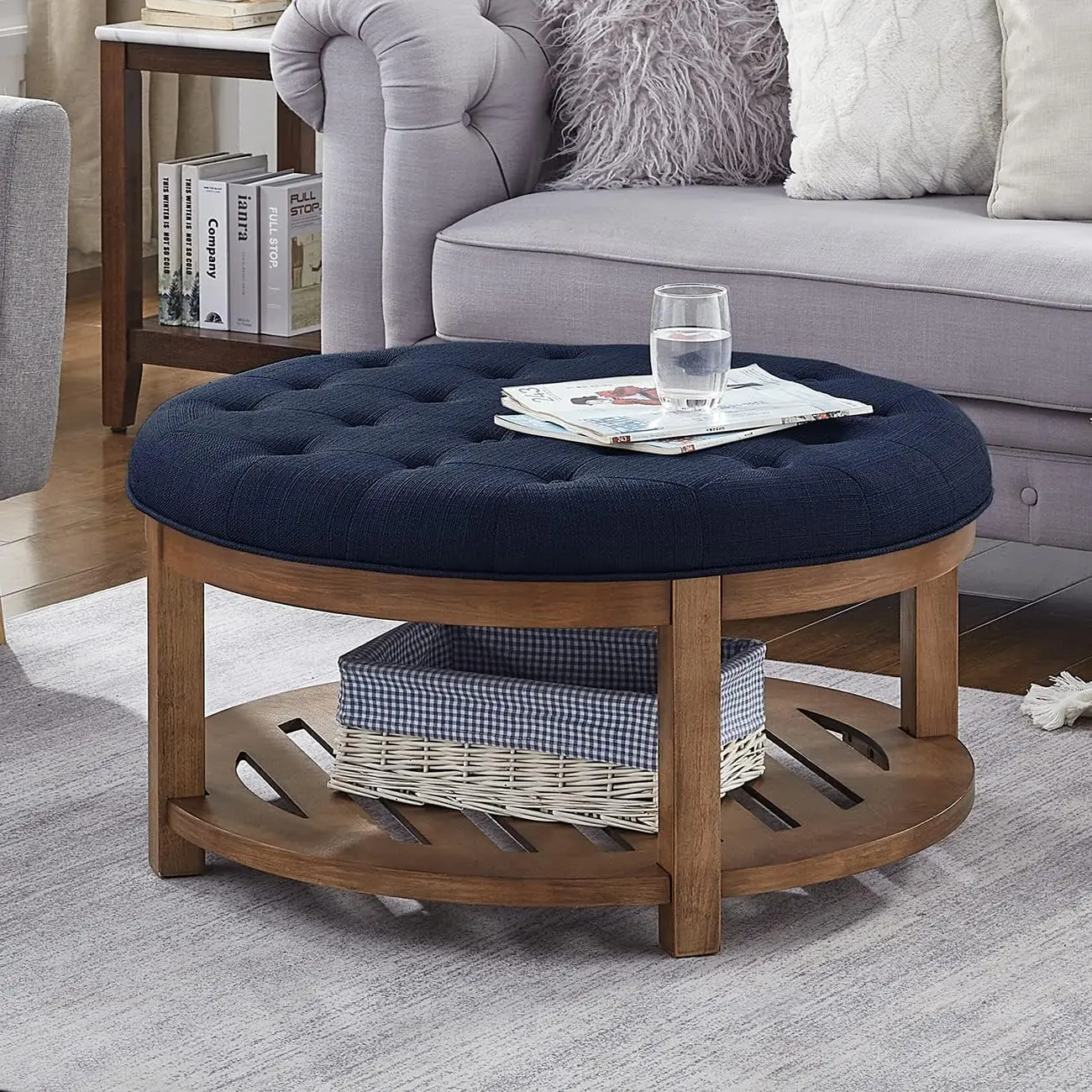 Large Round Upholstered Tufted Linen Ottoman Coffee Table, Large Footrest Ottoman with Wood Shelf Storage- Navy Blue