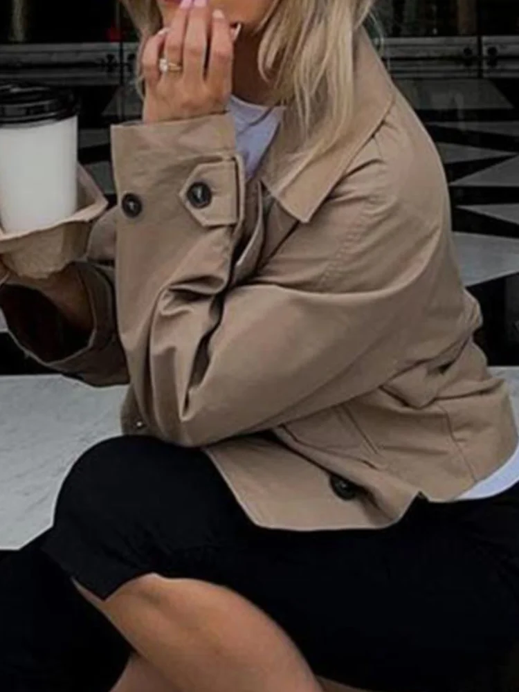 

Female Retro Cropped Windbreaker Lapel Double Breasted Belted Solid Color Long Sleeves Street Trendy Autumn Trench Coats 2025