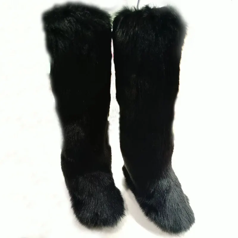 2024 Winter Thigh High Fluffy Boots Ladies Furry Faux Fox Fur Long Warm Shoes Women New Designer Plush Knee High Fur Boots Girls