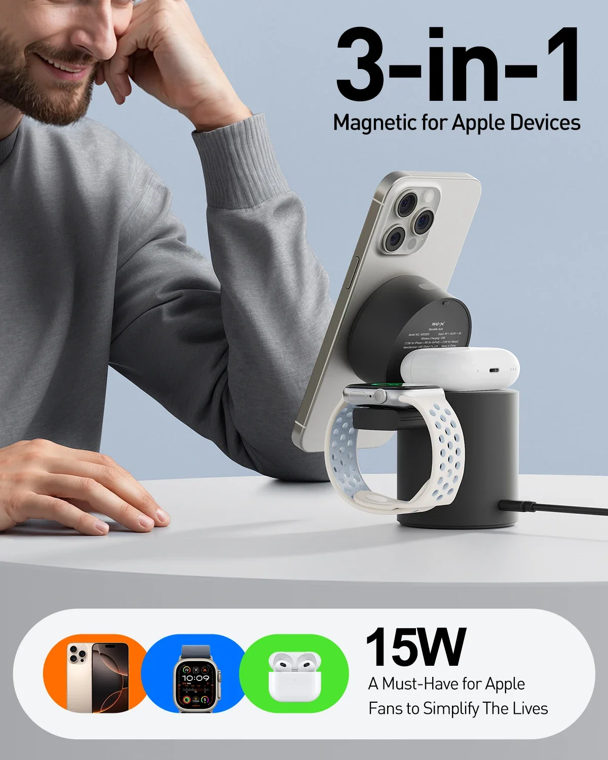 iWALK 3 in 1 Wireless Charging Stand with Auto Rotation Charging Station with Magnet for Apple Devices Apple Watch & Airpods