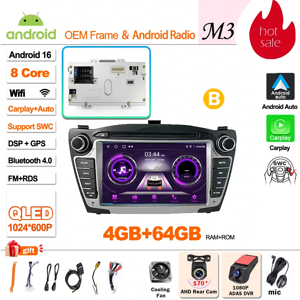Android 16 Carplay voor Hyundai IX35 Tucson 2 LM 2009 - 2015 autoradio multimediaspeler QLED scherm GPS navigatie WiFi 5G - afbeelding 1