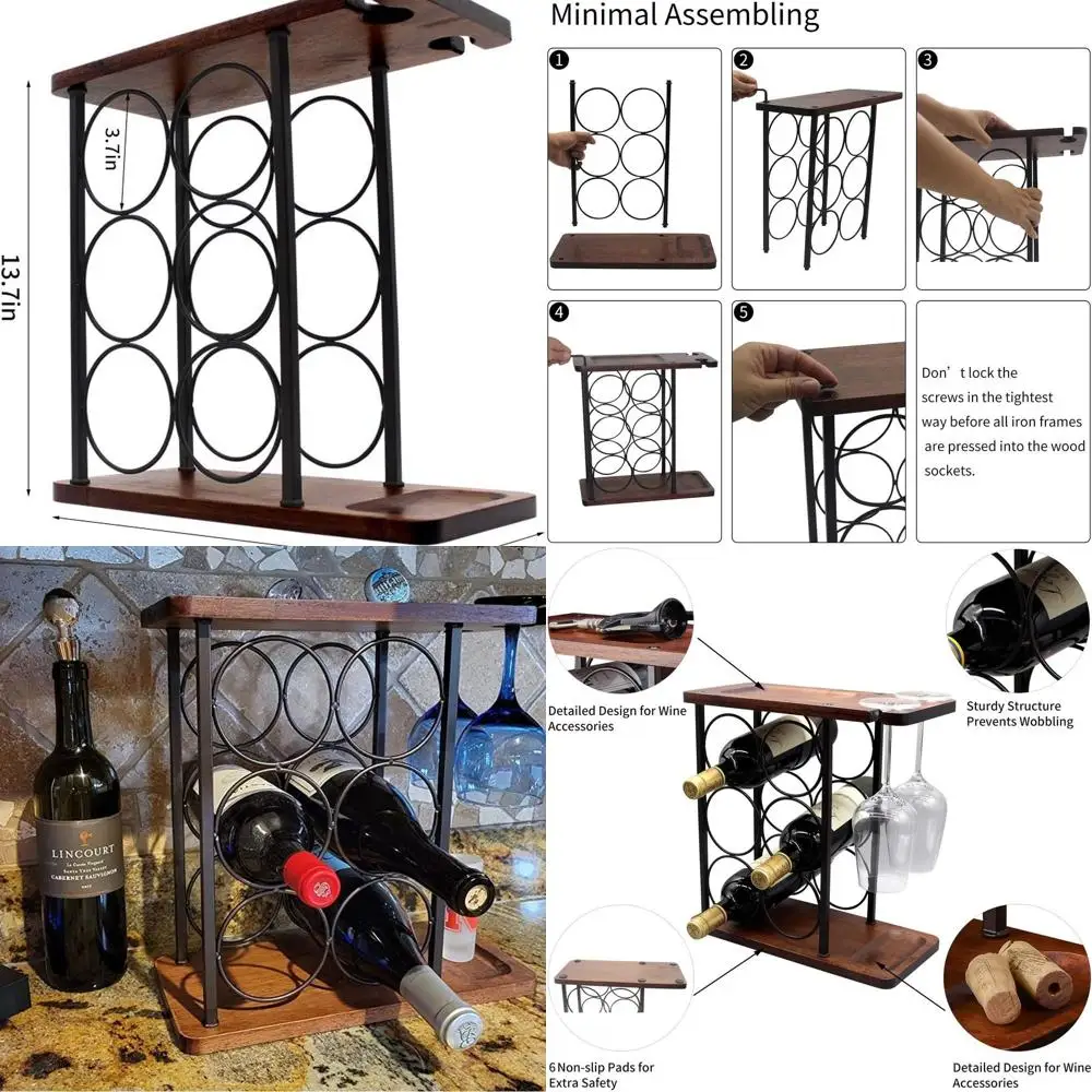 

6-Bottle Wine Rack with Glass Holder, Wooden Stand for Home and Kitchen Decor and Storage