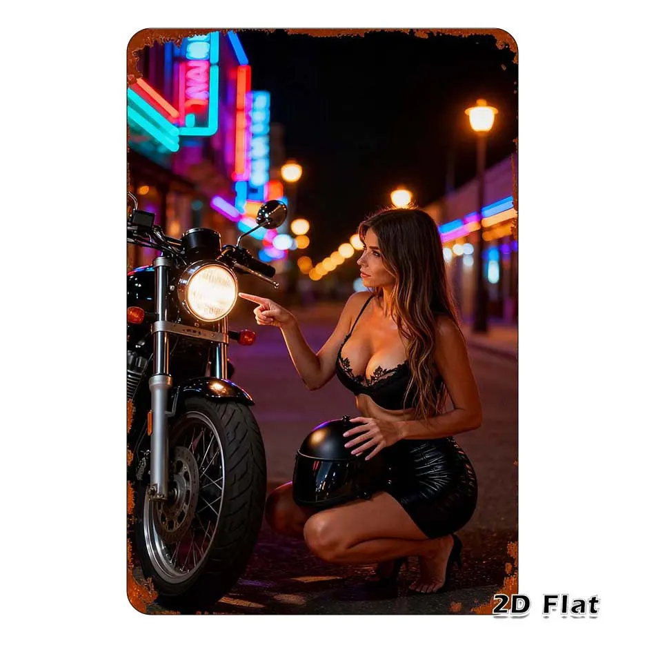 Vintage 2D Metall-Blechschild – Elegante Brünette im Lederoutfit mit Motorrad-Wanddekoration, tolles Geschenk für Zimmer, Zuhause, Bar