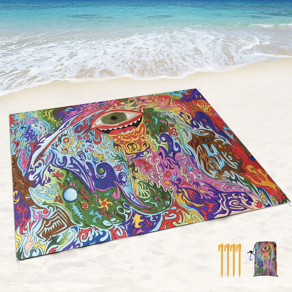 SandProof Beach Blanket,Psychedelic Graffiti Lightweight Mat with Corner Pockets and Mesh Bag for Beach Party,Travel,Camping