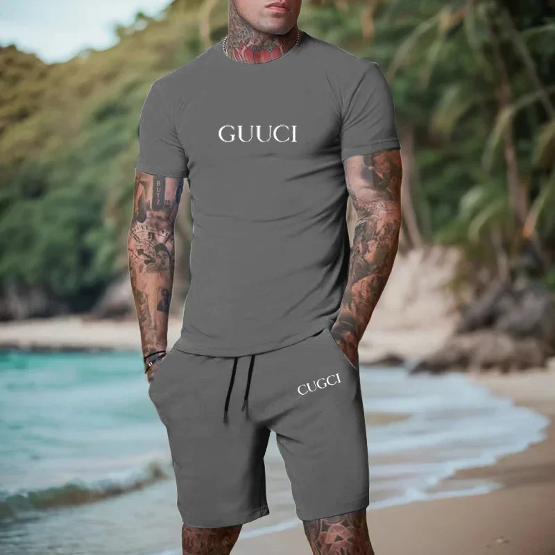 2026 summer T-shirt shorts short sleeved two-piece men's casual sports suit fas… - Image 6