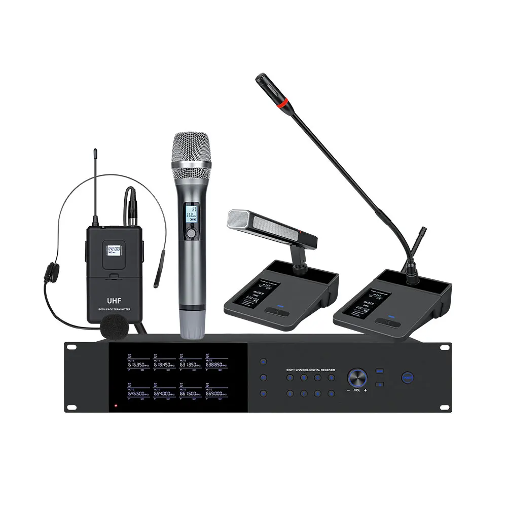 OEM 8-Channel UHF Cordless Metal Handheld Wireless Mics Professional Audio Mic System for Church Karaoke