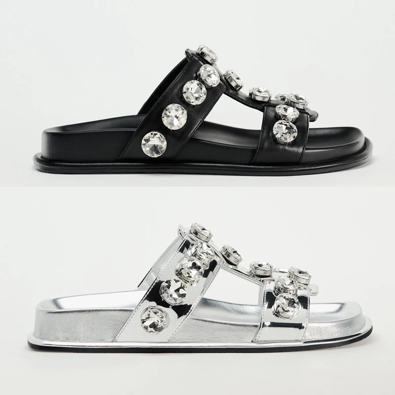 

Fashionable Flat Bottom Sandals Women's New Arrival Silver Rhinestone Embellished Slip-On Summer Thong Shoes Low Heel round Toe