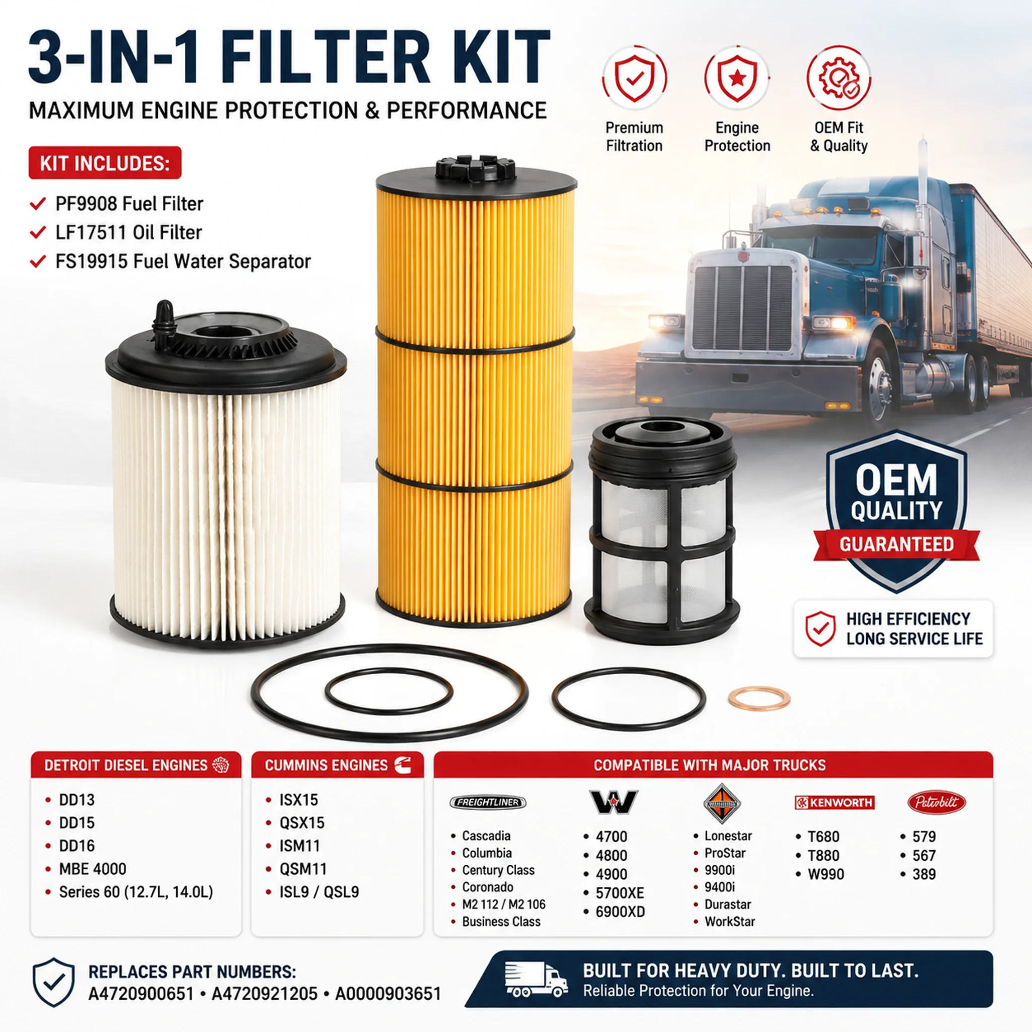 Kit PF9908 LF17511 FS19915 para Motor de Camión Detroit Diesel DD13 DD15 DD16 Freightliner Cascadia Western Star Cummins ISX