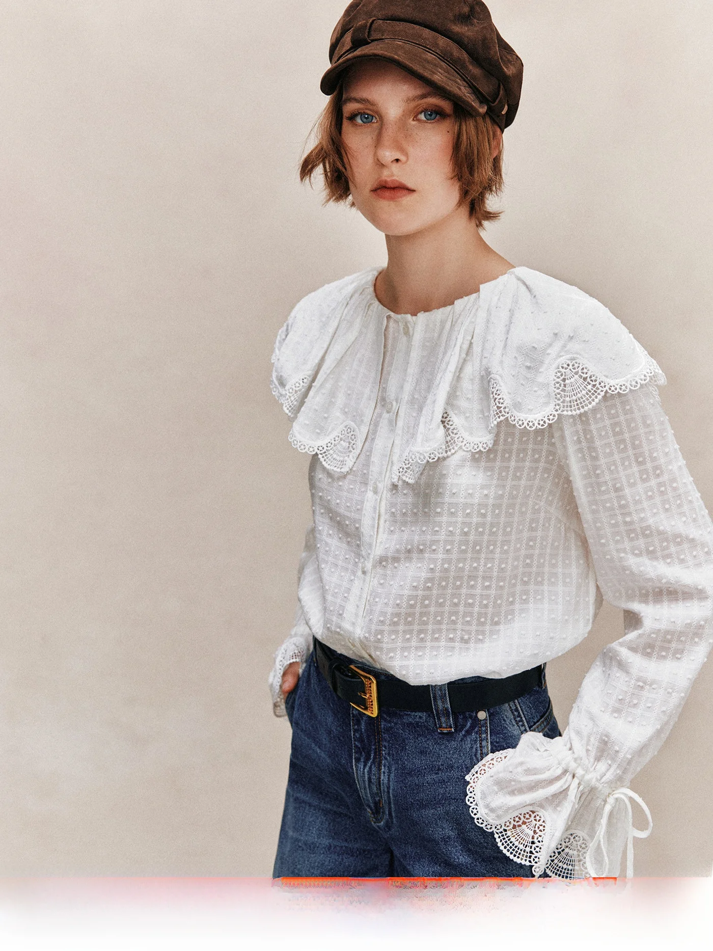 

Pure Cotton Embroidered Shirt Cleanfit Loose Style Lotus Leaf Collar Petal Sleeve Breathable Thin Winter Collection Women's F...
