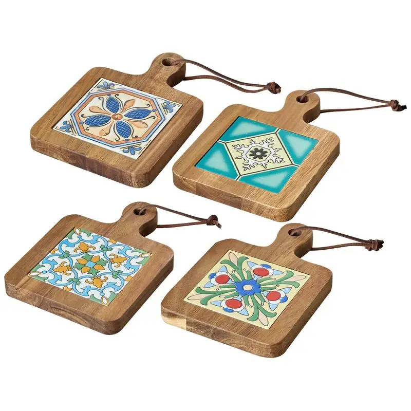 Wood Tiles Drink Coasters Anti-Scalding Plate Heat Insulation Wooden Trivet Frame For Hot Tea Coffee Pots And Pans Pad Holders