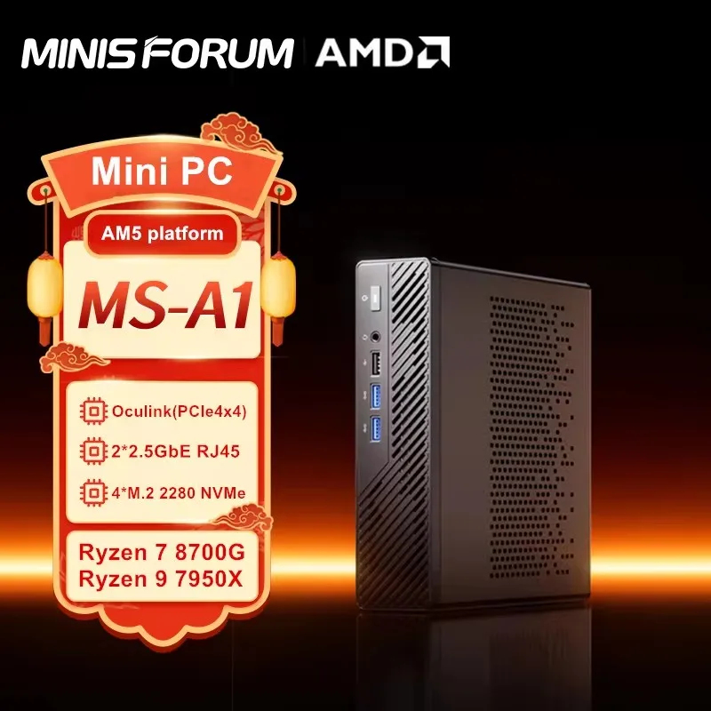 

Мини-компьютер MINISFORUM, настольный компьютер AMD Ryzen 9 7950X 7 8700G Oculink 4 * NVMe 2*2,5G LAN 2 * DDR5 Windows 11, игровой компьютер WiFi6