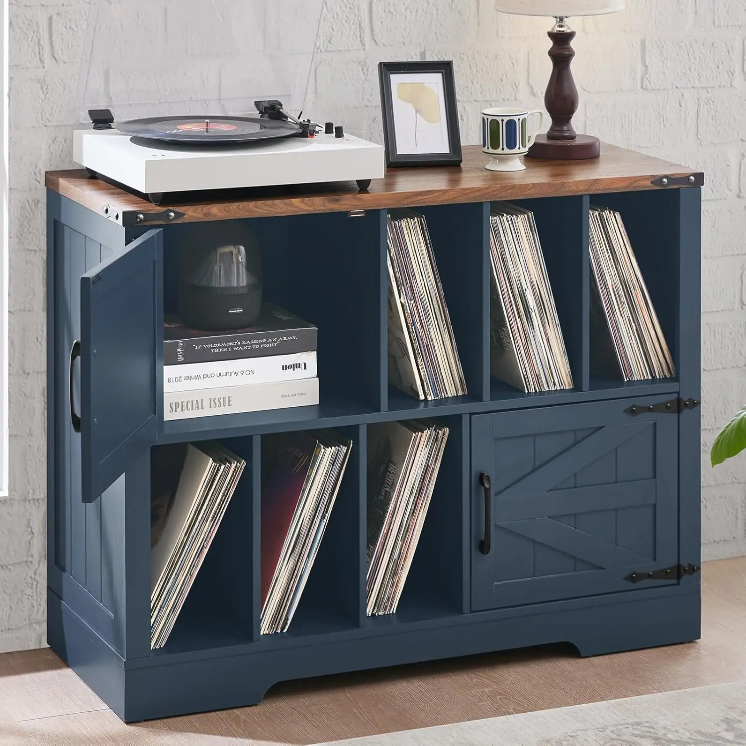Large Record Player Stand with Vinyl Storage Up to 450 Albums, 39 Inch Farmhouse Wood Navy Blue Vinyl Records Storage Cabinet wi