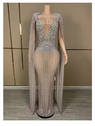 Luxury Sparkling Champagne Large Crystal Transparent Long Train Dress Set Birthday Celebration Dress Evening Wedding Dance Dress